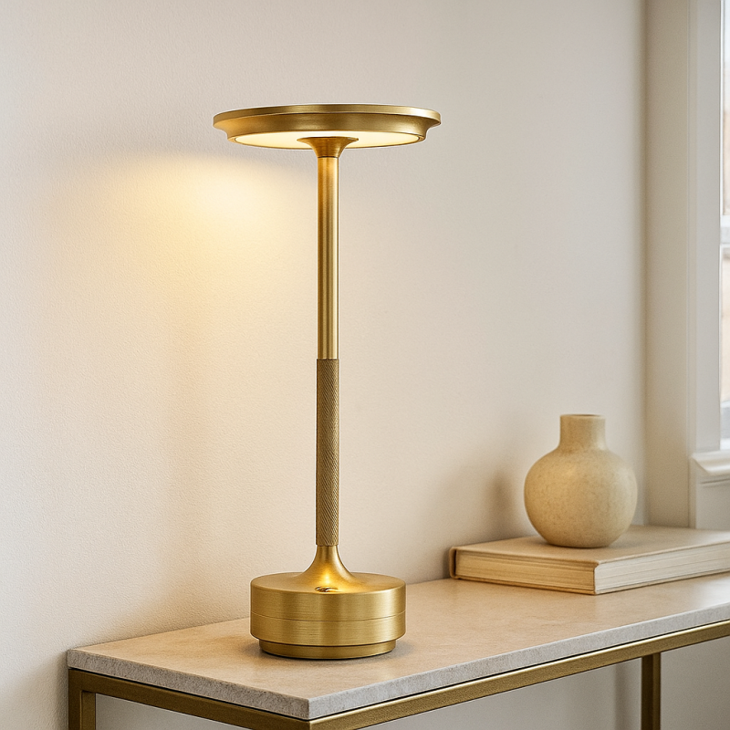 Moderná nabíjateľná stolová lampa zlatá, Arvind, 3 W, LED nastaviteľný od teplej po studenú bielu, s vypínačom Moderná nabíjateľná stolová lampa zlatá, Arvind, 3 W, LED nastaviteľný od teplej po studenú bielu, s vypínačom