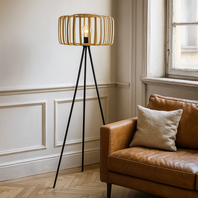 Bambusová stojaca lampa hnedá, Tina, s vypínačom
