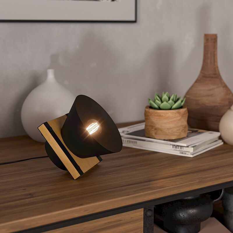Drevená retro stolová lampa čierna, Juanita, s vypínačom