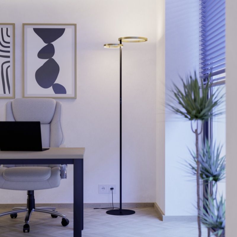 Plastová dizajnová stojaca lampa mosadzná, Corwin, 16 W, LED nastaviteľný od teplej po studenú bielu, s dotykovým stmievačom