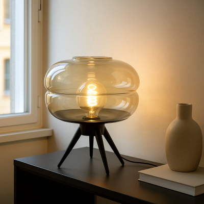 Retro stolová lampa jantárová, Sean, s vypínačom