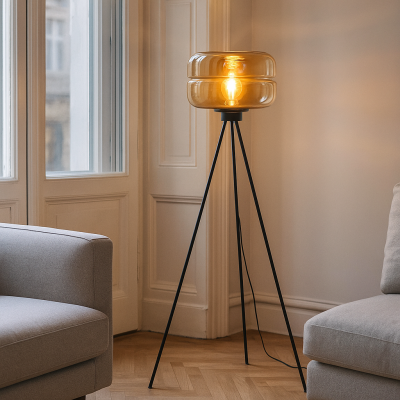 Retro stojaca lampa jantárová, Sean, s vypínačom