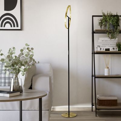 Plastová dizajnová stojaca lampa mosadzná, Corwin, 8,8 W, LED 3000 K, s dotykovým stmievačom